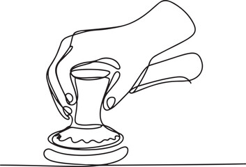 Continuous Line Art Illustration of a Hand Pressing Coffee Grounds with a Tamper in Soft Sketch Contour