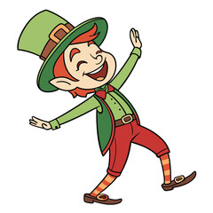Joyful leprechaun dancing in a green hat and red pants