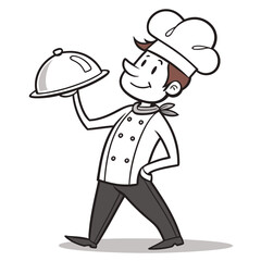 Cartoon chef proudly presents a delicious meal under a cloche