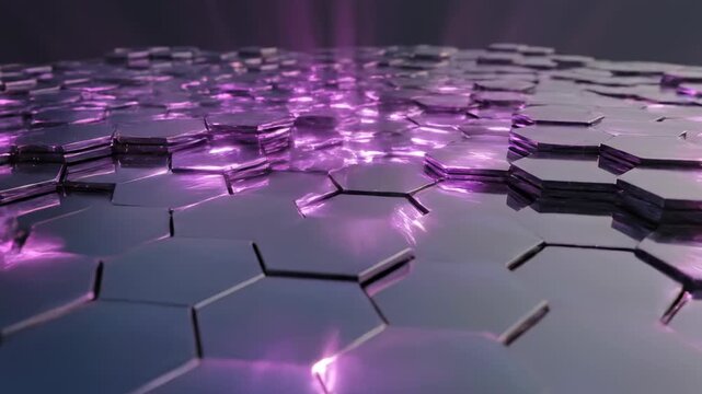 Array of complex hexagonal plates pulsing with radiant light and shifting colors creating a rhythmic dimensional pattern of organized harmony geometric, complexity, connection