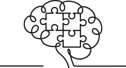 Continuous line illustration of a brain with puzzle interlock in a minimal elegant outline drawing