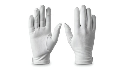 Obraz premium Two identical, pristine white gloves displayed open, palms forward, against a white background