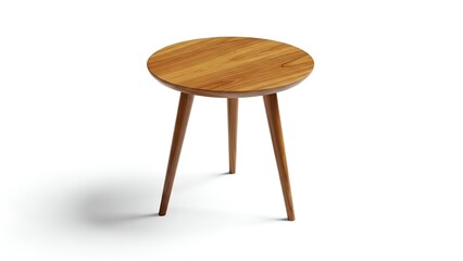 Simple, round wooden side table with three angled legs, casting a shadow on a white background