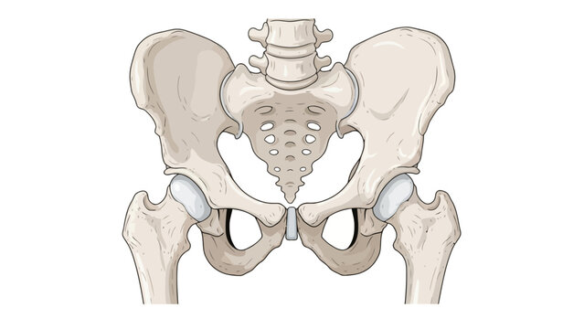 Anterior view illustration of the human pelvis sacrum and upper femurs