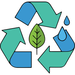 Obraz premium Green Leaf Water Drop and Recycling Symbol With Blue Arrows On Black Background Representing Environmental Conservation And Sustainability