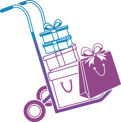 Hand truck with gift boxes and shopping colourful