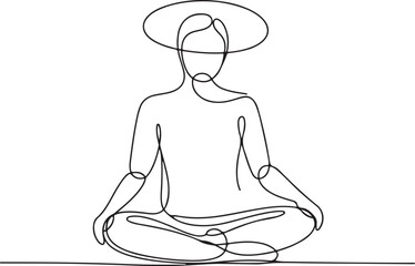 Continuous Line Art Illustration of a Person Sitting Cross Legged Surrounded by an Aura Halo in Soft Sketch Contour