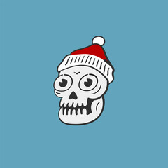 Cute cartoonish skull character design Christmas-themed vector illustration. Skull drawing wearing a Santa hat, perfect for posters, apparel design, sweaters and stickers design.