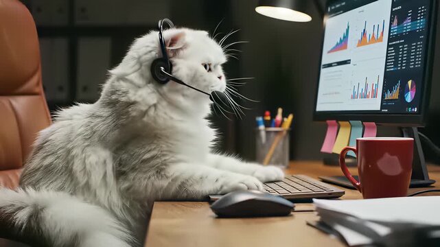 A curious Persian cat sits comfortably on a modern desk surrounded by computer equipment conveying quiet productivity blending comfort with efficiency in a serene scene perfect for commercial.