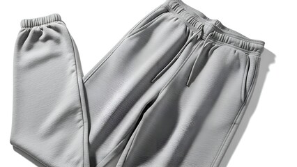 Light gray sweatpants, angled shot, elastic waist & cuffs, front pockets, drawstring