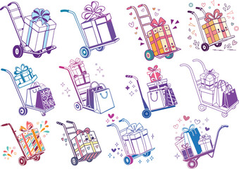 Hand truck with gift boxes and shopping colourful