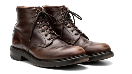 Pair of well-worn, brown leather work boots, laced, resting on a white background