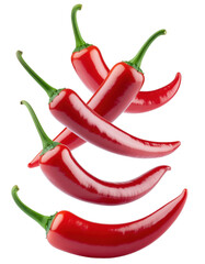Cluster of Fresh Red Chili Peppers with Vibrant Green Stems Against a Transparent Background