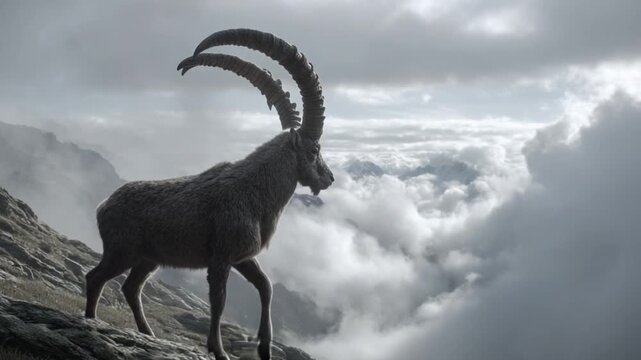 A majestic Alpine ibex standing on a steep mountain precipice, showcasing its large curved horns against a backdrop of clouds and dramatic scenery.