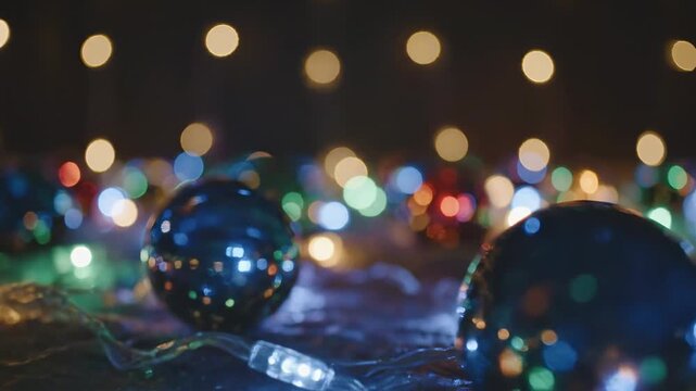 Festive Ornaments and Lights: The festive season twinkles with elegance as glossy ornaments nestle among strings of radiant lights, all set against a soft bokeh backdrop.
