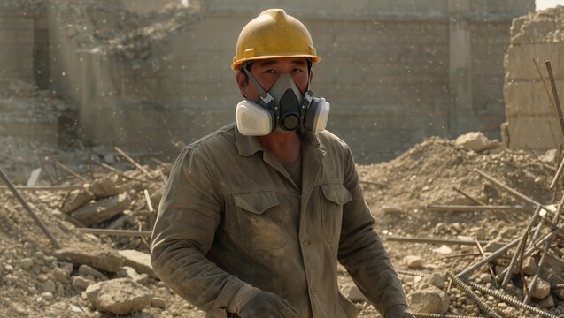 Worker in a hard hat and respirator stands amid dust and broken concrete, highlighting building demolition conditions and the essential safety measures required during structural teardown