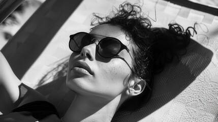 A fair-skinned woman wearing sunglasses relaxes in the sunlight, her freckled face turned upwards, soaking in the sun. This close-up captures a moment of leisure