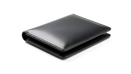 A sleek, black, leather bi-fold wallet isolated on a white background, slightly open