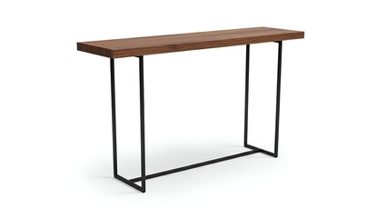 Minimalist console table with a rectangular wooden top and black metal legs against white