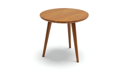 A small, three-legged wooden table with a circular top on a white backdrop