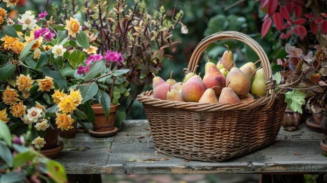 A rustic wicker basket overflowing with freshly picked pears sits on a weathered wooden table, surrounded by vibrant blossoms and lush foliage, evoking a sense of harvest - Powered by Adobe
