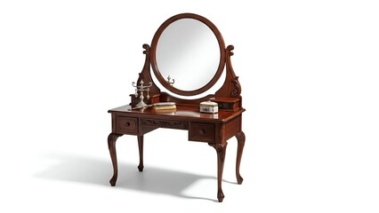 A classic, ornate wooden vanity table with a large oval mirror. Elegant design