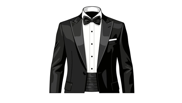 Black tuxedo jacket with white pleated shirt bow tie and cummerbund