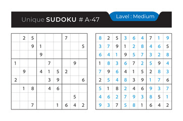 Sudoku puzzle with answer. Vector puzzle game with numbers for kids and adults. 9x9 sudoku Illustration on white background.
