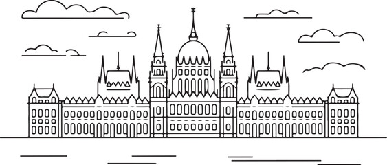 Fototapeta premium Continuous line illustration of the Budapest skyline facing the Pest side towers in a minimal elegant outline drawing