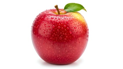 Close-up of a glossy red apple with water droplets and a green leaf