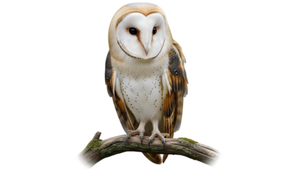 Barn owl perched on branch against black background in studio shot