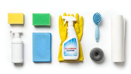 Top-down shot of various cleaning supplies arranged on a white surface