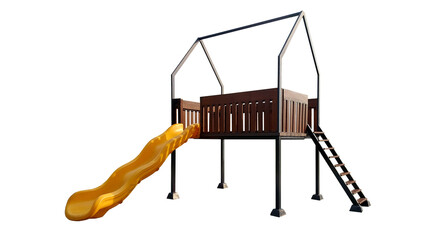 Wooden Playground Treehouse with Yellow Slide Isolated on Transparent Background