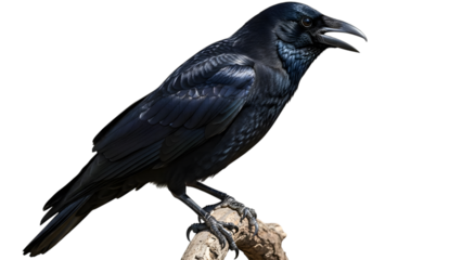 Raven perched on branch against dark background showing iridescent plumage