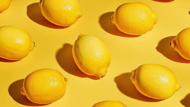 Looped Lemon pattern animation on yellow background. 4K Fresh Yellow Lemons Moving Animation. Summer Time Creative Animated Pattern Design. Organic Natural Limes Fruits. Motion graphics