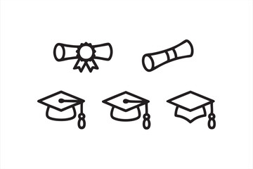 Graduation Line Icon Set with Diplomas and Academic Caps