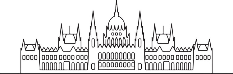 Continuous line illustration of the Budapest skyline with the Parliament building in a minimal elegant outline drawing