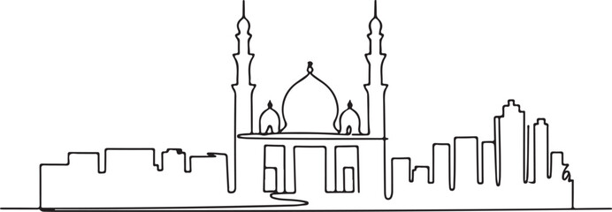 Continuous line illustration of the Cairo skyline with Al Azhar domes in a minimal elegant outline drawing © rs_studios