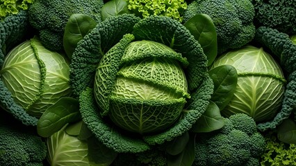 Fresh vibrant green vegetables background with cabbage, broccoli, spinach, lettuce