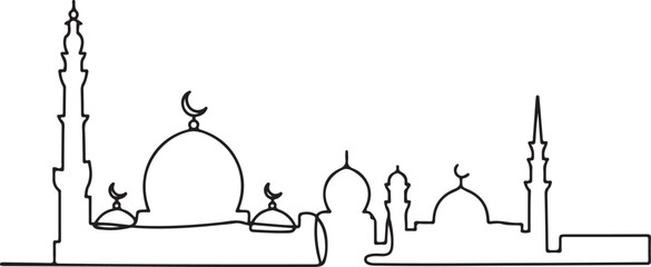 Continuous line illustration of the Cairo skyline with the Citadel and mosque domes in a minimal elegant outline drawing © rs_studios