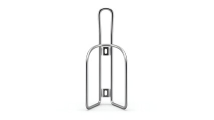 Metallic bike accessory, upright, holding a curved, tubular form against a white background