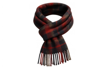 Plaid wool scarf showing tartan pattern and fringes, warm winter fashion accessory with red and black design