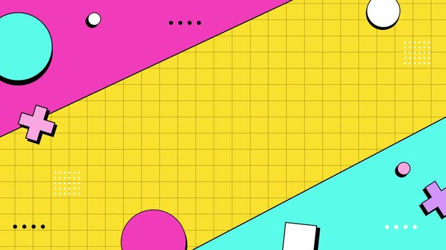 Playful Memphis geometric background with clean grid and empty copy space for text or titles. Ideal for intro, presentation, template, animation, kids theme, or creative visual projects.