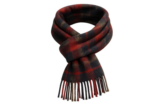 Plaid wool scarf showing tartan pattern and fringes, warm winter fashion accessory with red and black design