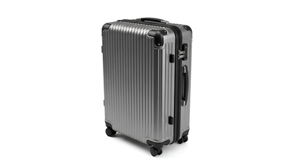 Fototapeta premium A metallic, vertical suitcase with vertical ridges, black accents, & wheels, isolated