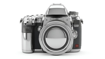 Shiny, modern camera illustration with silver accents and prominent lens, on white background
