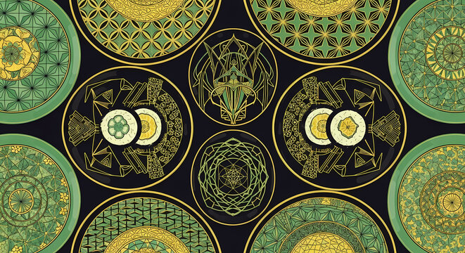 Japanese Art Deco of a symmetrical arrangement of sushi plates, featuring geometric art deco patterns, in a palette of jade green, black, and chrome yellow 