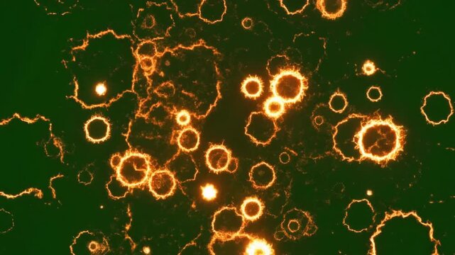 Glowing fire plasma cell pattern with circular energy rings on green screen background for abstract visual effects