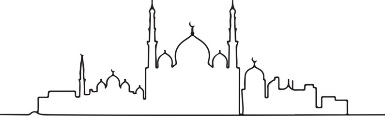 Continuous line illustration of the Cairo skyline with a mosque cluster silhouette in a minimal elegant outline drawing
