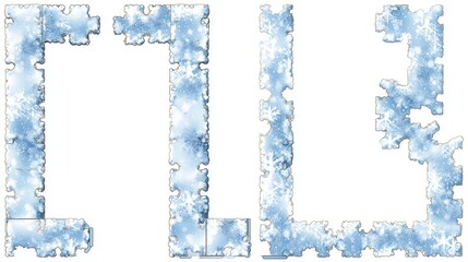 Puzzle-like winter scene kit with seamless snow borders, end pieces, corners, vertical edges and connectors,